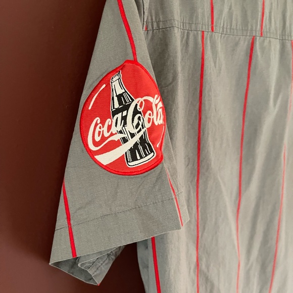 Vintage Coca Cola Mens M Gray Striped Logo Patch Button Down Work Shirt - Picture 3 of 6